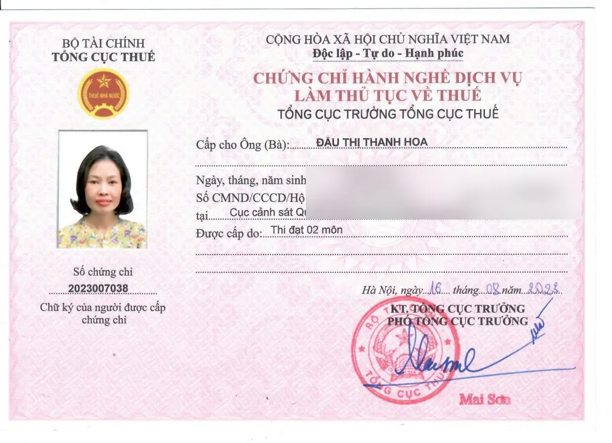 Chứng chỉ hành nghề dịch vụ làm thủ tục về thuế của chị Đậu Thị Thanh Hoa
