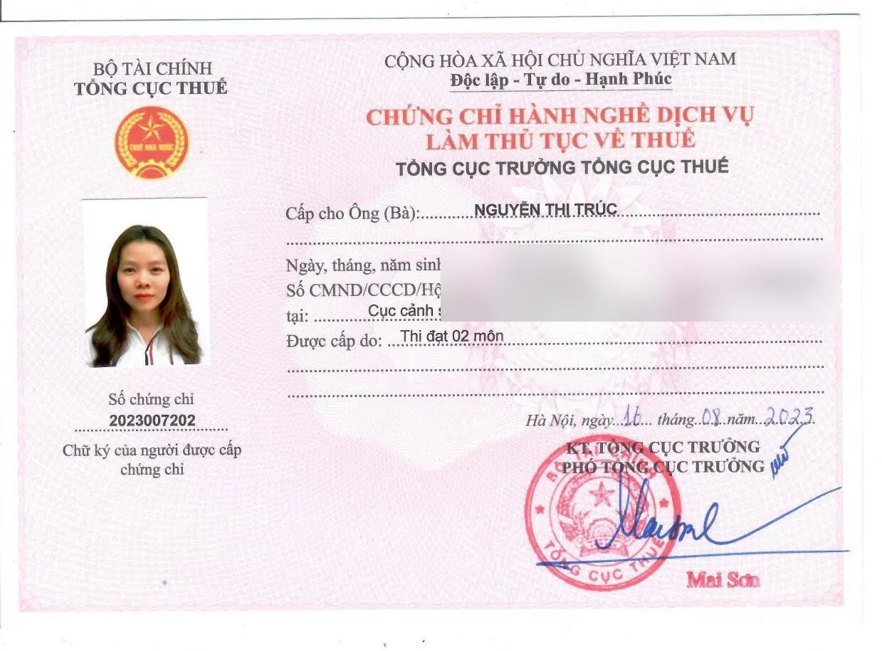 Chứng chỉ hành nghề dịch vụ làm thủ tục về thuế của chị Nguyễn Thị Trúc