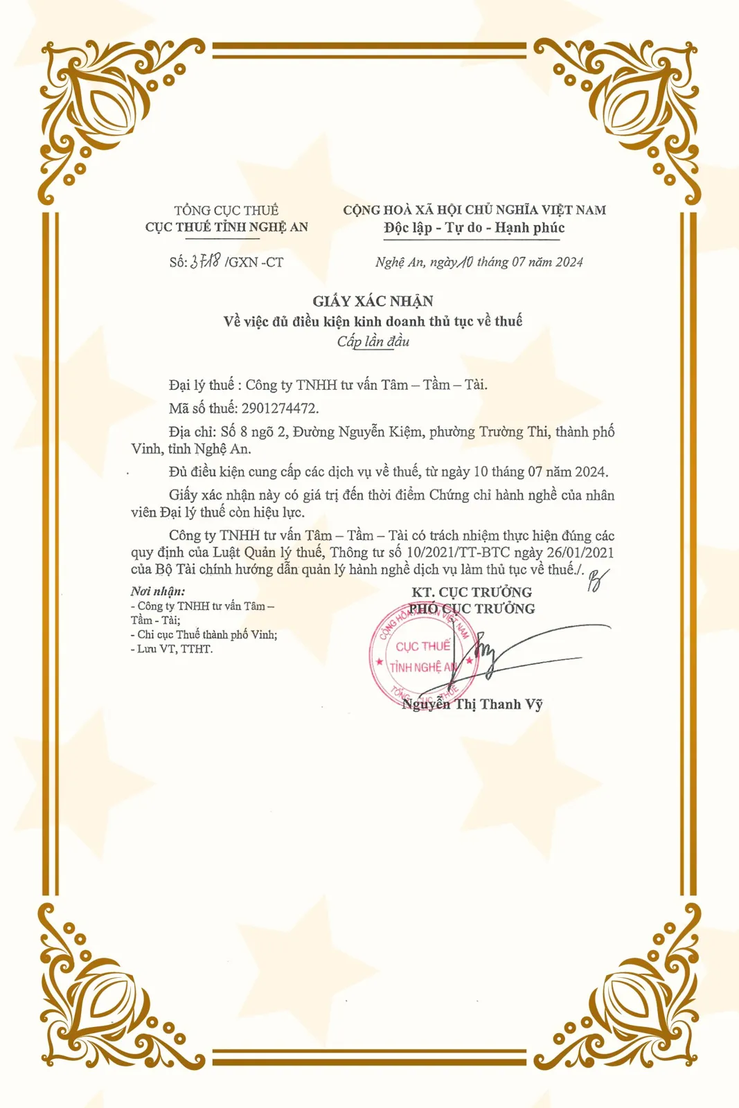 Giấy xác nhận đủ điều kiện kinh doanh dịch vụ làm thủ tục về thuế của Tâm - Tầm - Tài, năm 2024