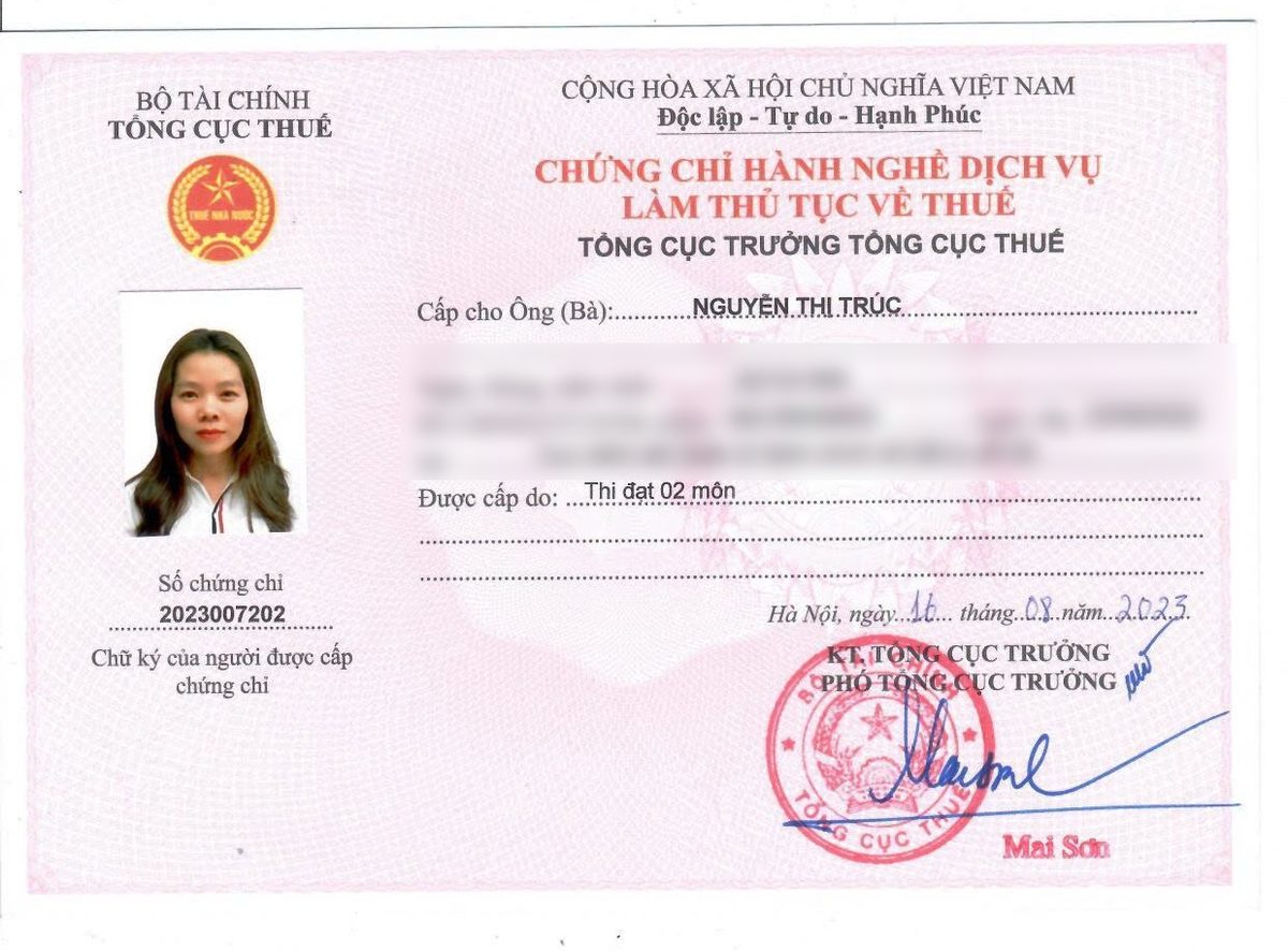 Chứng chỉ hành nghề dịch vụ làm thủ tục về thuế của kế toán Tâm - Tầm - Tài