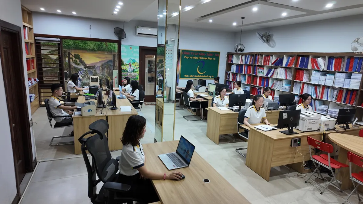 Toàn cảnh văn phòng Tâm - Tầm - Tài, nhân viên ngồi laptop ở tiền cảnh – Mẫu điều lệ công ty tnhh 1 thành viên 2026